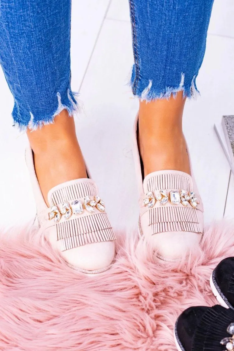 Beżowe Zamszowe Mokasyny z Kryształami Vivaro