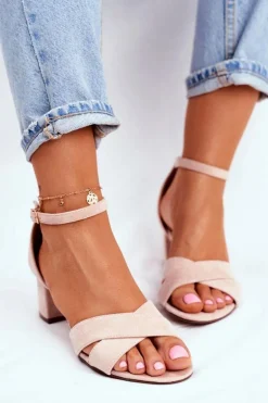 Beżowe Zamszowe Sandałki na Słupku Nela