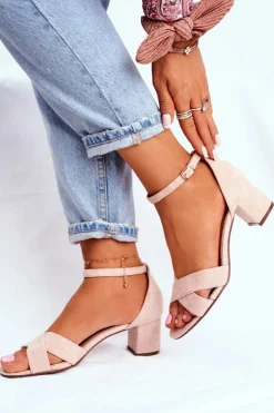 Beżowe Zamszowe Sandałki na Słupku Nela