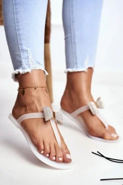 Białe Damskie Klapki Japonki Meliski z Kokardką Cekiny Morello