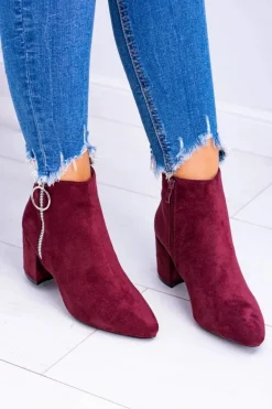 Bordowe Zamszowe Botki Na Słupku w Szpic Jonnes