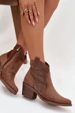 Botki Damskie Ażurowe Na Obcasie S.Barski HY52-529 Brązowe