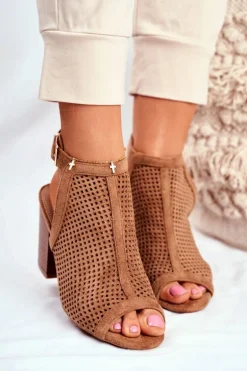 Botki Damskie Ażurowe Peep Toe Camel Paradise