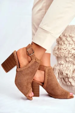 Botki Damskie Ażurowe Peep Toe Camel Paradise