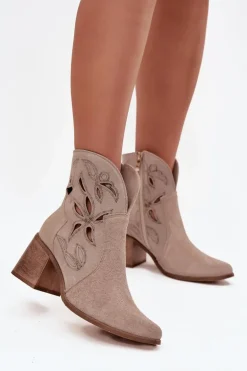 Botki Damskie Ażurowe Z Naturalnego Zamszu Na Słupku Zazoo 3690 Beżowe