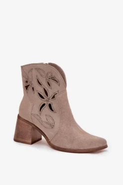 Botki Damskie Ażurowe Z Naturalnego Zamszu Na Słupku Zazoo 3690 Beżowe