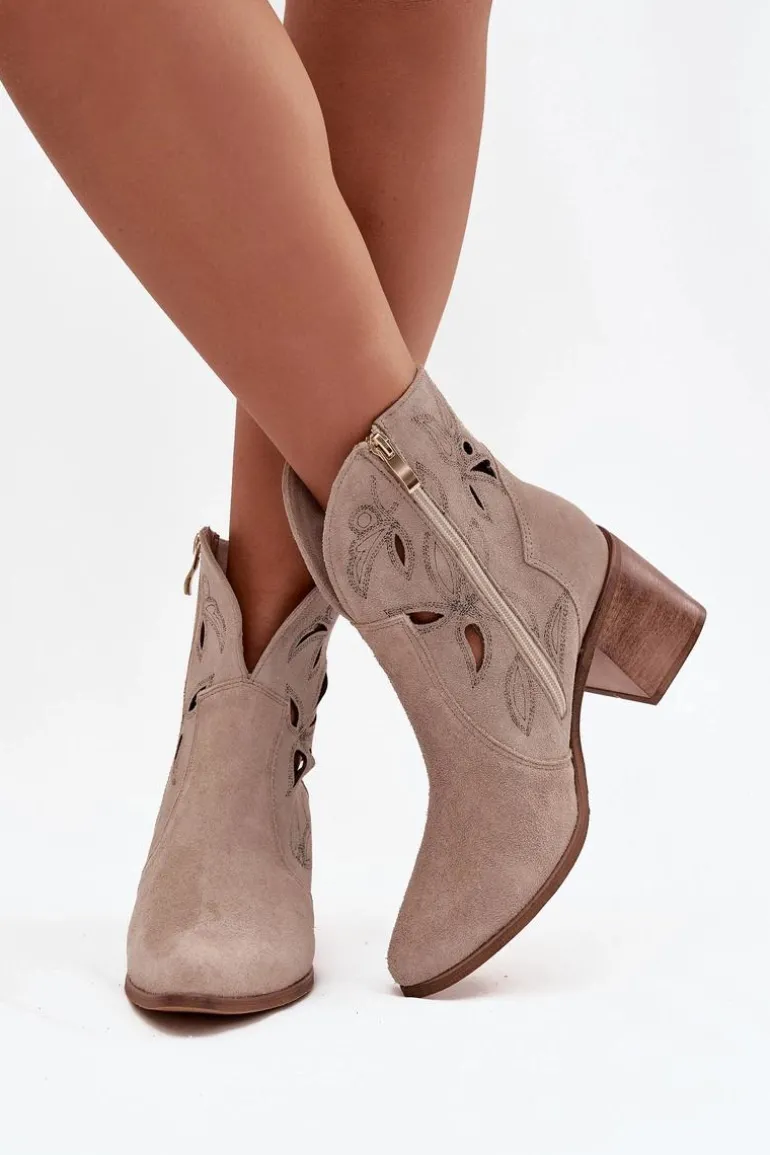 Botki Damskie Ażurowe Z Naturalnego Zamszu Na Słupku Zazoo 3690 Beżowe