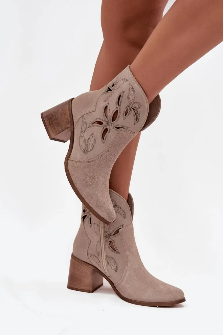 Botki Damskie Ażurowe Z Naturalnego Zamszu Na Słupku Zazoo 3690 Beżowe
