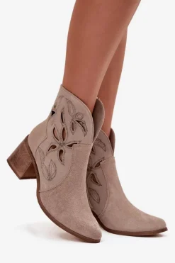 Botki Damskie Ażurowe Z Naturalnego Zamszu Na Słupku Zazoo 3690 Beżowe