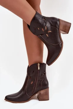 Botki Damskie Ażurowe Z Naturalnej Skóry Na Słupku Zazoo 3690 Czekoladowe