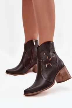 Botki Damskie Ażurowe Z Naturalnej Skóry Na Słupku Zazoo 3690 Czekoladowe