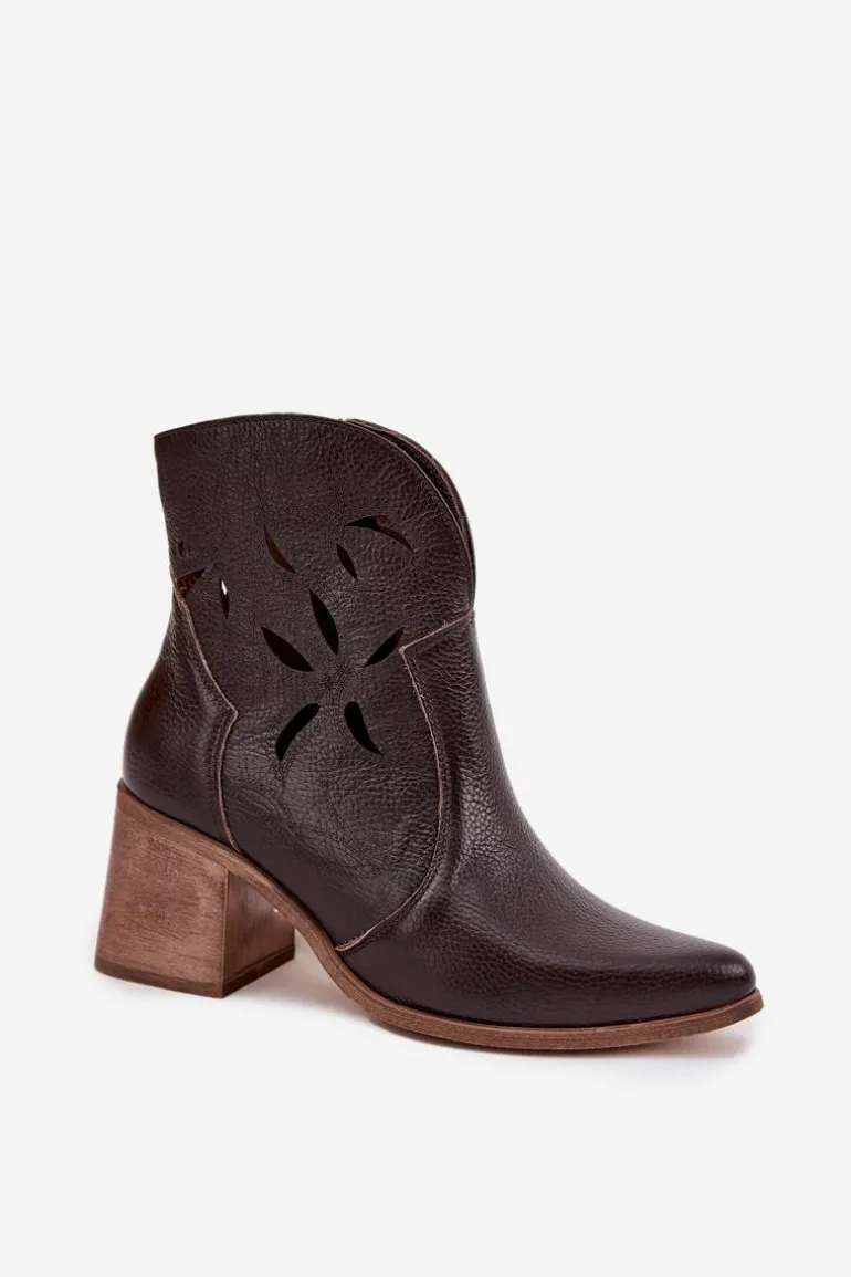 Botki Damskie Ażurowe Z Naturalnej Skóry Na Słupku Zazoo 3690 Czekoladowe