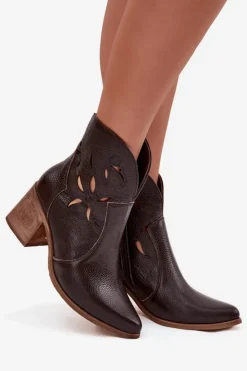 Botki Damskie Ażurowe Z Naturalnej Skóry Na Słupku Zazoo 3690 Czekoladowe