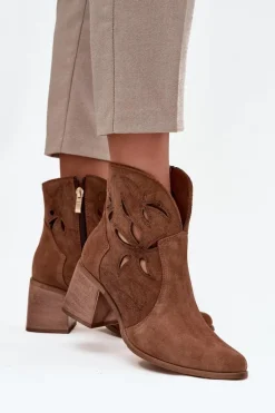 Botki Damskie Ażurowe Z Naturalnego Zamszu Na Słupku Zazoo 3690 Brązowe