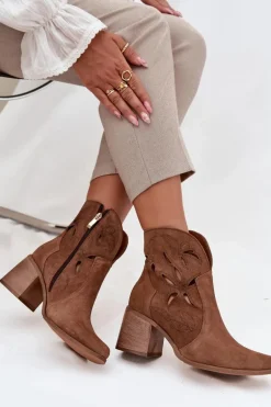 Botki Damskie Ażurowe Z Naturalnego Zamszu Na Słupku Zazoo 3690 Brązowe