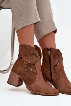 Botki Damskie Ażurowe Z Naturalnego Zamszu Na Słupku Zazoo 3690 Brązowe