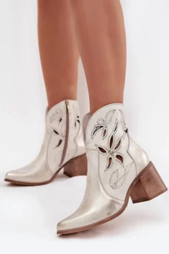 Botki Damskie Ażurowe Z Naturalnej Skóry Na Słupku Zazoo 3690 Złoty Przecierany