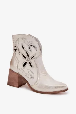 Botki Damskie Ażurowe Z Naturalnej Skóry Na Słupku Zazoo 3690 Złoty Przecierany