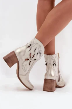 Botki Damskie Ażurowe Z Naturalnej Skóry Na Słupku Zazoo 3690 Złoty Przecierany