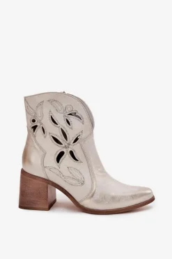 Botki Damskie Ażurowe Z Naturalnej Skóry Na Słupku Zazoo 3690 Złoty Przecierany