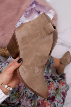 Botki Damskie Beżowe Skórzane na Obcasie Chavai