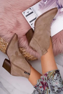 Botki Damskie Beżowe Skórzane na Obcasie Chavai
