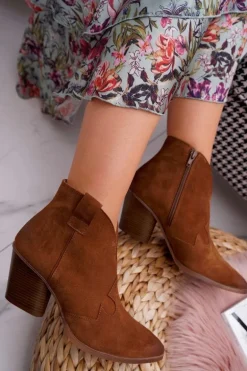 Botki Damskie Brązowe Skórzane na Obcasie Chavai