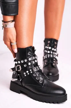Botki Damskie Ciepłe Dżety Łańcuchy Czarne Desire