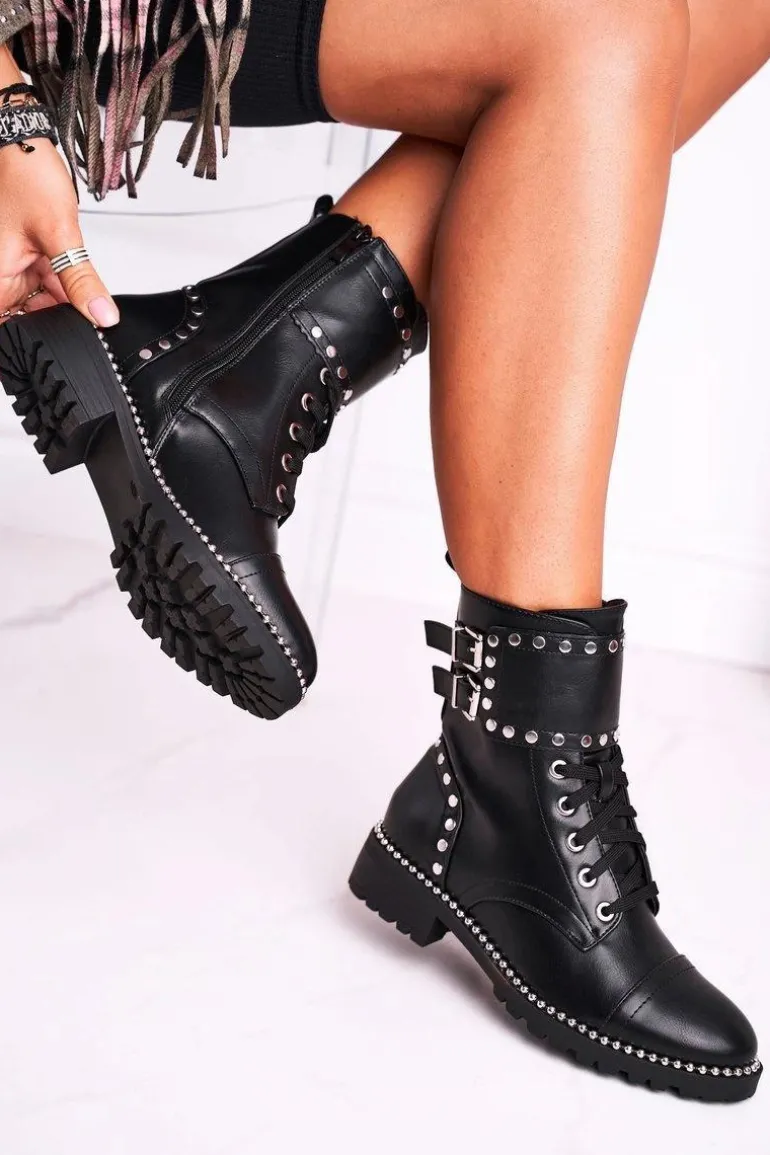 Botki Damskie Ciepłe Srebrne Nity Czarne Freed