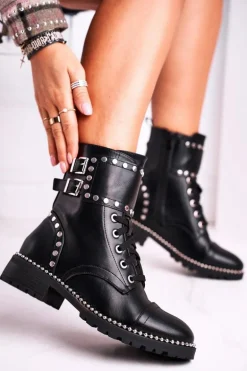 Botki Damskie Ciepłe Srebrne Nity Czarne Freed