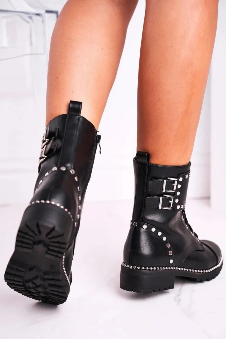 Botki Damskie Ciepłe Srebrne Nity Czarne Freed