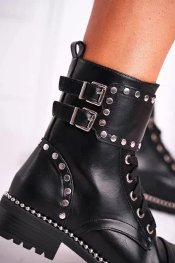 Botki Damskie Ciepłe Srebrne Nity Czarne Freed