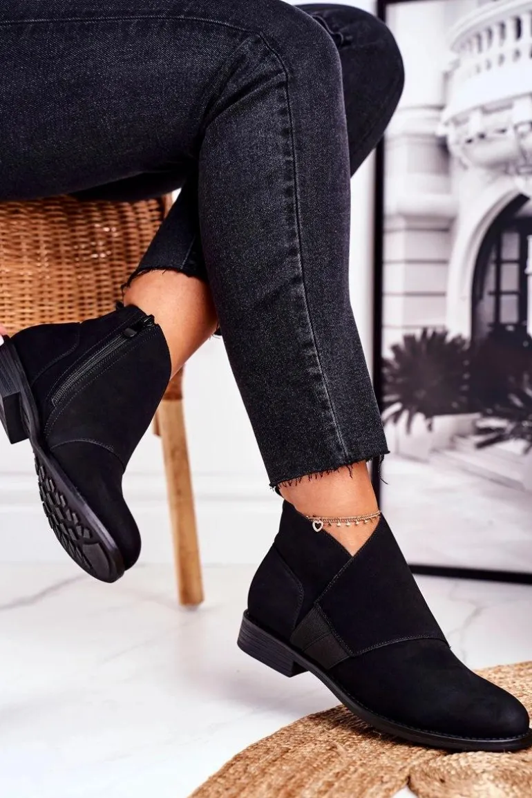 Botki Damskie Ciepłe Sztyblety Płaski Obcas Czarne Sirro