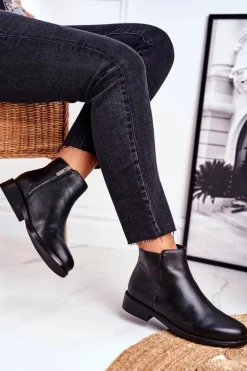 Botki Damskie Ciepłe Sztyblety Płaski Obcas Skóra Czarne Fernir