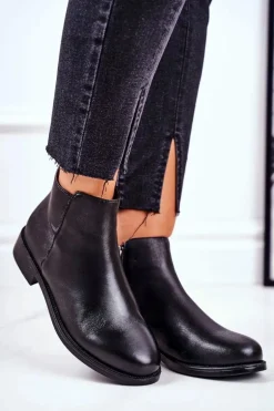 Botki Damskie Ciepłe Sztyblety Płaski Obcas Skóra Czarne Fernir