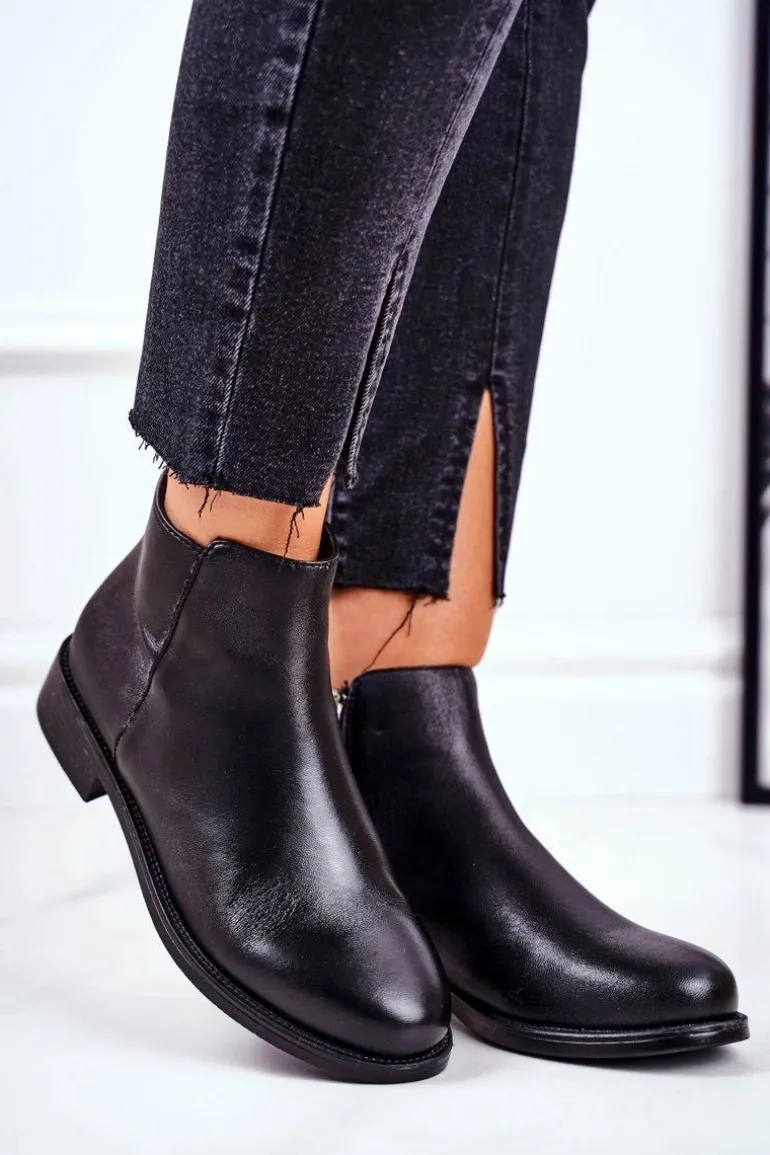 Botki Damskie Ciepłe Sztyblety Płaski Obcas Skóra Czarne Fernir