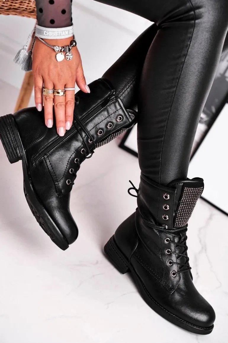 Botki Damskie Ciepłe Workery Z Cyrkoniami Czarne Seven Days