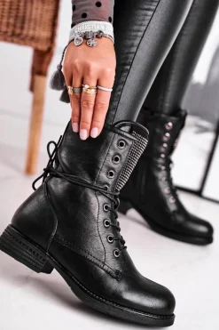 Botki Damskie Ciepłe Workery Z Cyrkoniami Czarne Seven Days