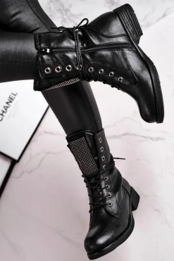 Botki Damskie Ciepłe Workery Z Cyrkoniami Czarne Seven Days