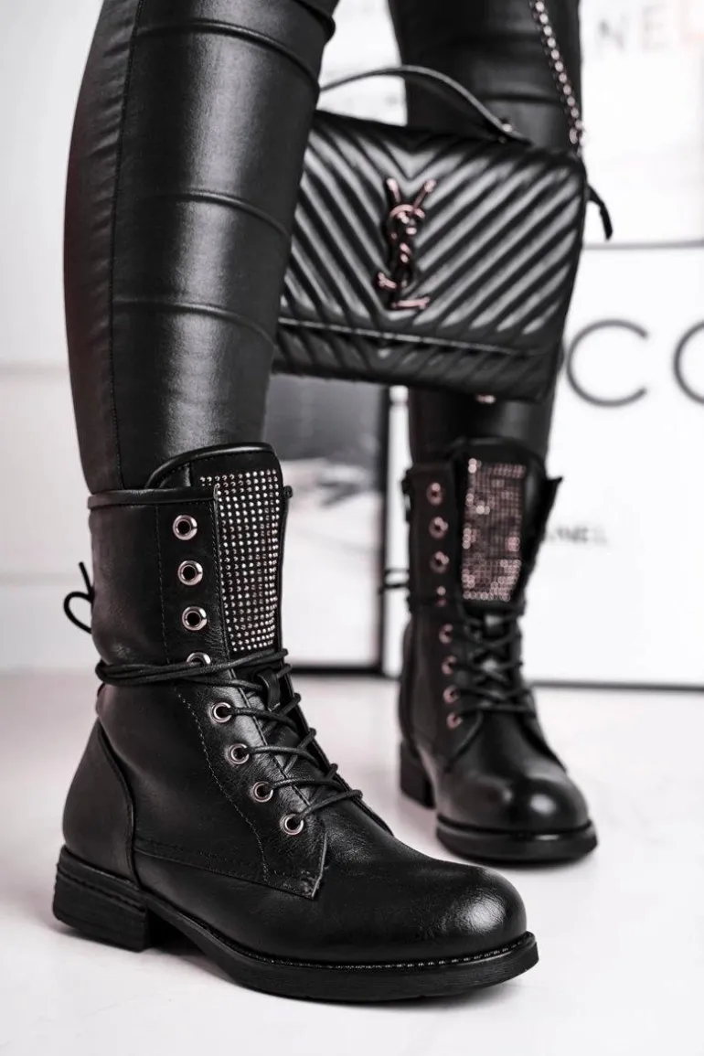 Botki Damskie Ciepłe Workery Z Cyrkoniami Czarne Seven Days