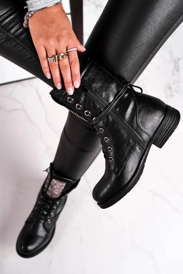 Botki Damskie Ciepłe Workery Z Cyrkoniami Czarne Seven Days