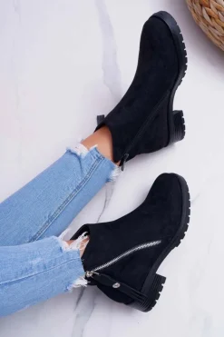 Botki Damskie Ciepłe Zamszowe Dwa Suwaki Czarne Ohoo