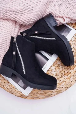 Botki Damskie Ciepłe Zamszowe Dwa Suwaki Czarne Ohoo