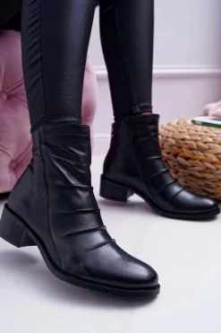 Botki Damskie Czarne Płaski Obcas Skóra Naturalna Laura Messi