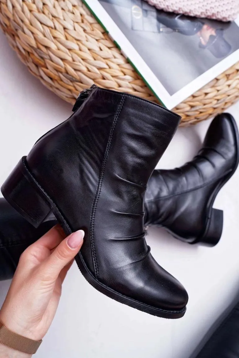 Botki Damskie Czarne Płaski Obcas Skóra Naturalna Laura Messi