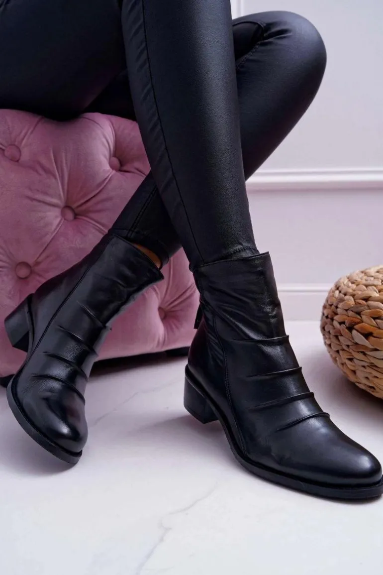 Botki Damskie Czarne Płaski Obcas Skóra Naturalna Laura Messi