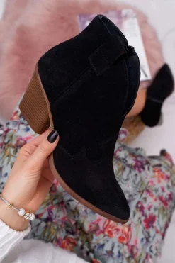 Botki Damskie Czarne Skórzane na Obcasie Chavai