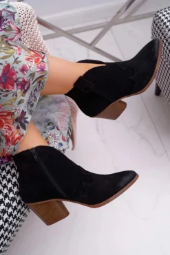 Botki Damskie Czarne Skórzane na Obcasie Chavai