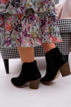 Botki Damskie Czarne Skórzane na Obcasie Chavai