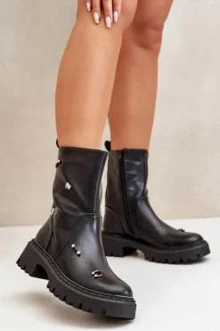 Botki Damskie Eko Skórzane Na Zamek Z Ozdobnymi Detalami Czarne Reritha